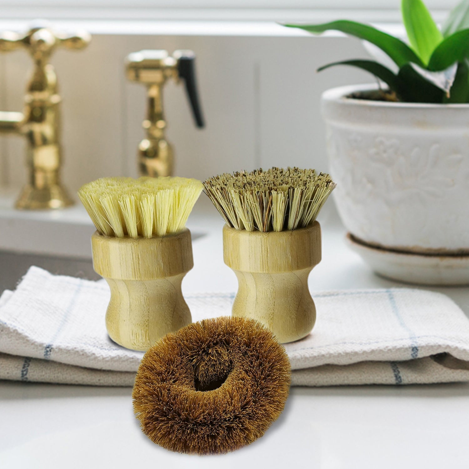 5 Pack Natural Bamboo Cleaning Brush Set, Pot Dish Scrub Brush with Handle  and F